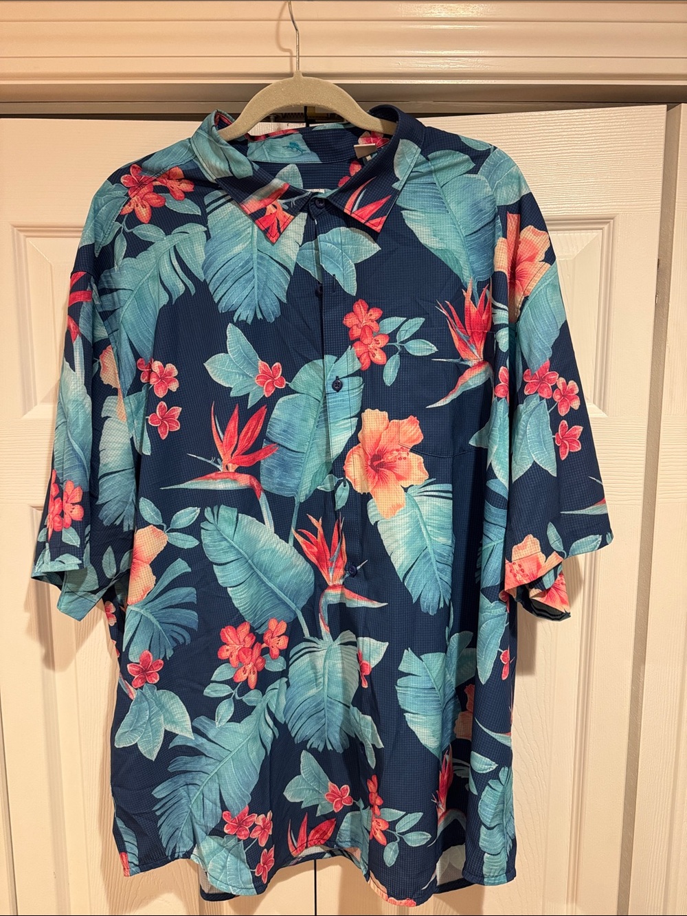 Tommy Bahama Navy Button-Front Hawaiian Shirt with Teal & Coral Floral Print